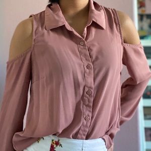 Salmon Pink Button Up Off the Shoulder Blouse Top